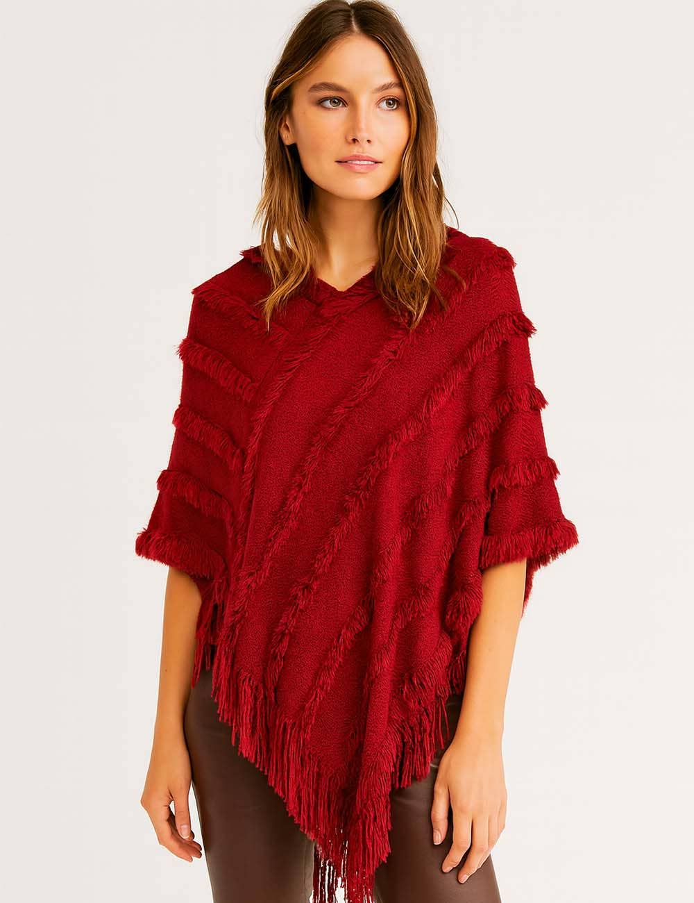 Tassel Trim Shawl with V-Neck and Hood