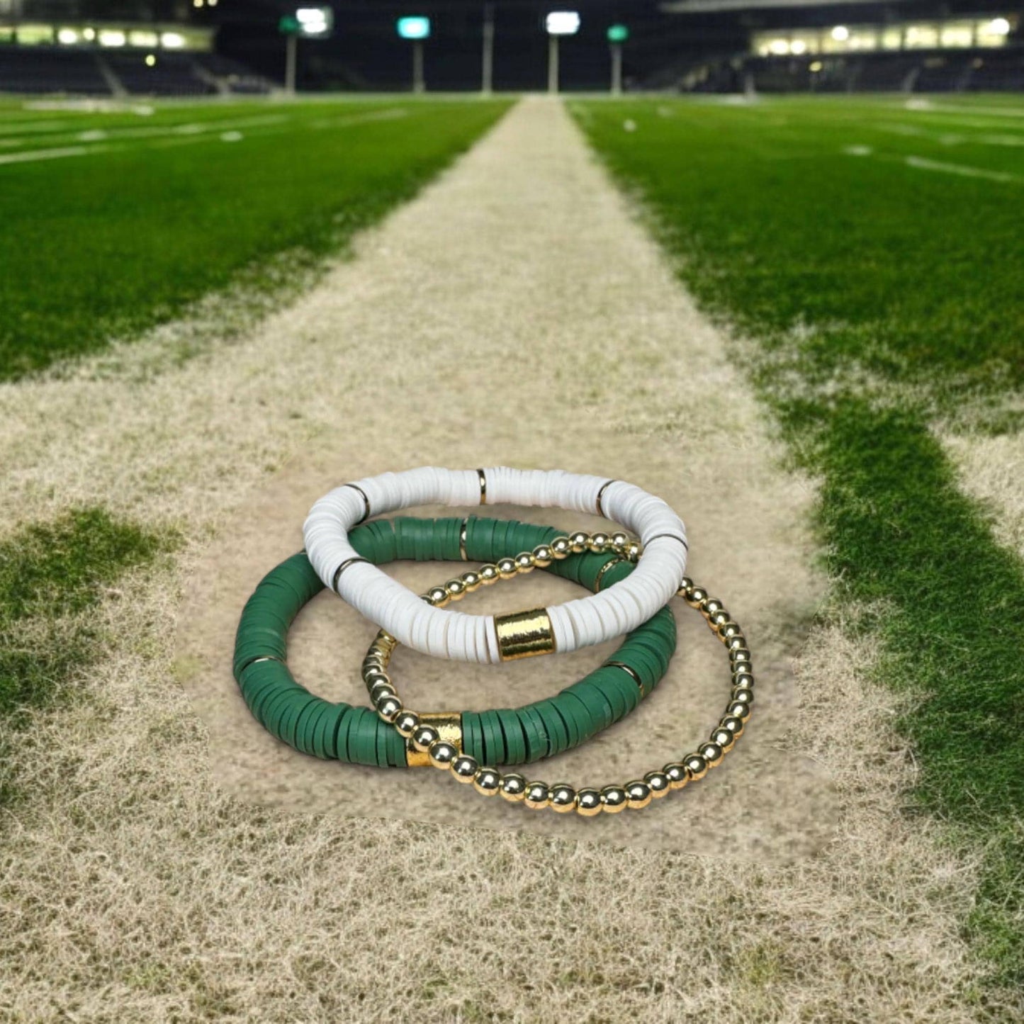 Green and White Game Day Bracelet Stack: Gold (7 inch)