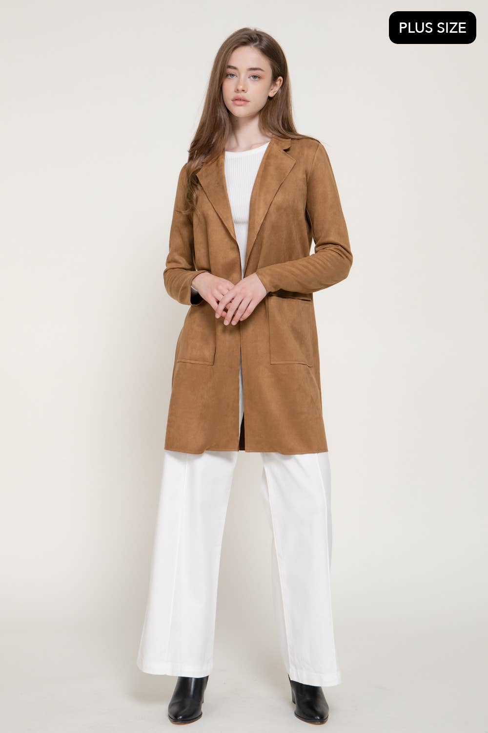 Long Sleeve Open Front Faux Suede Jacket (Plus Size)