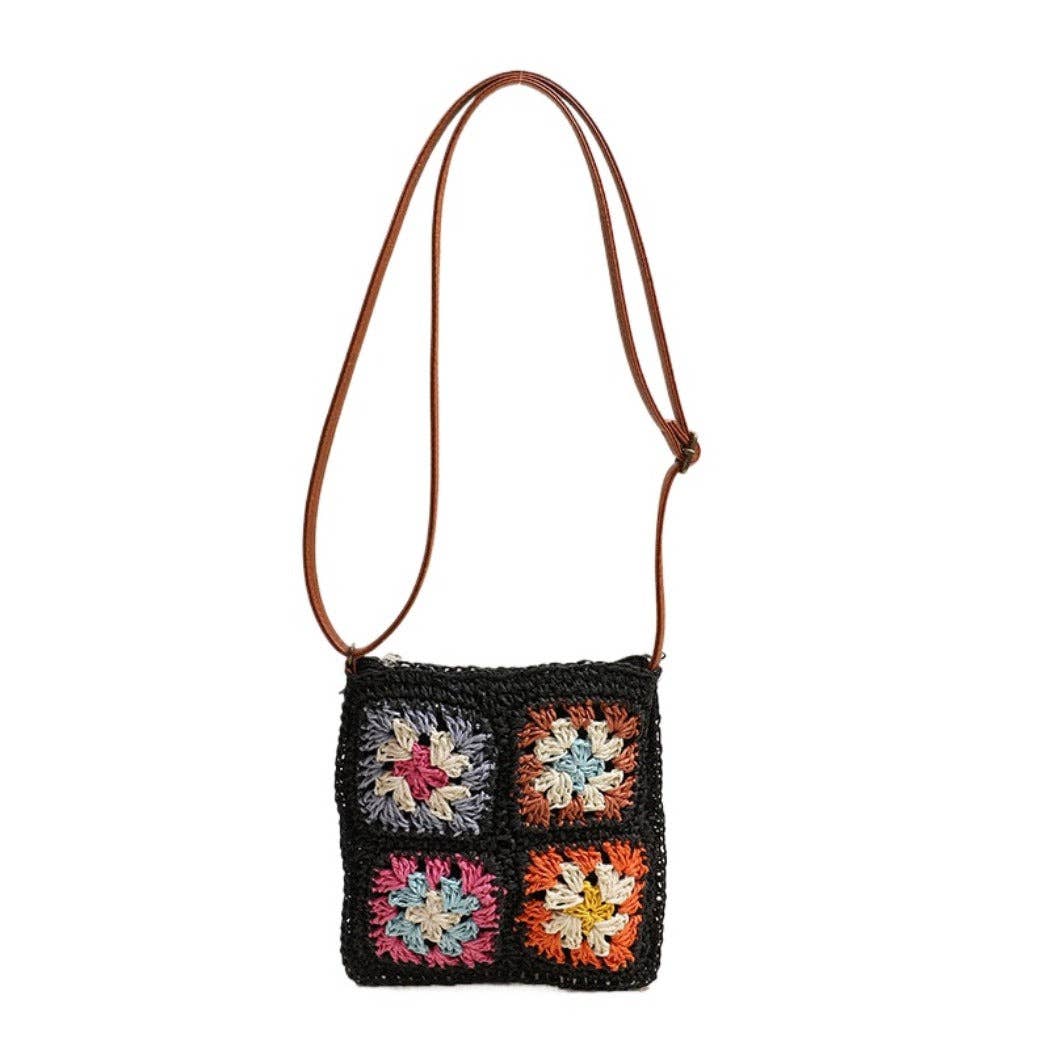 Vintage Square Crochet Flower Crossbody Bag