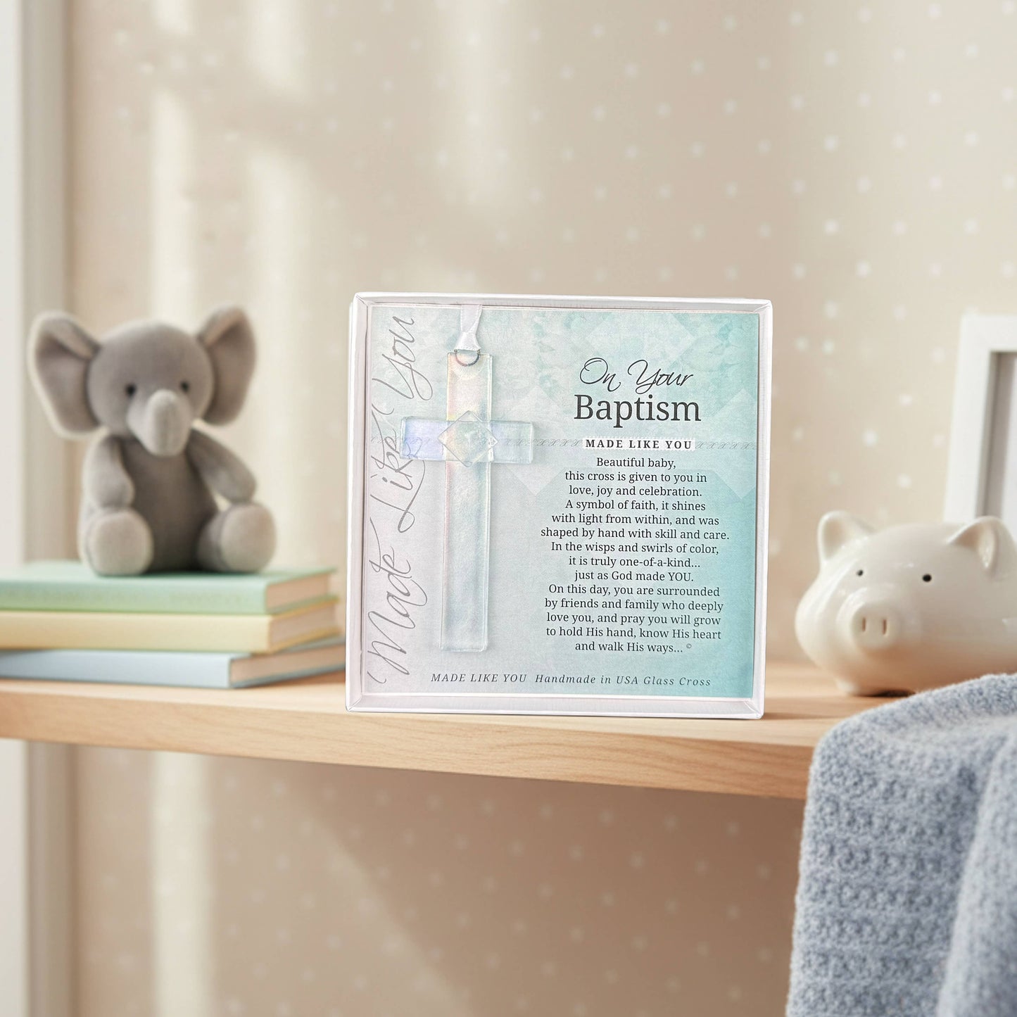 Baby Baptism Gift USA Handmade Iridescent Glass Cross