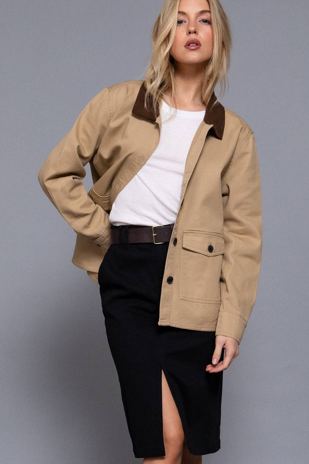 Long Sleeve Corduroy Collar Detail Cotton Twill Work Jacket