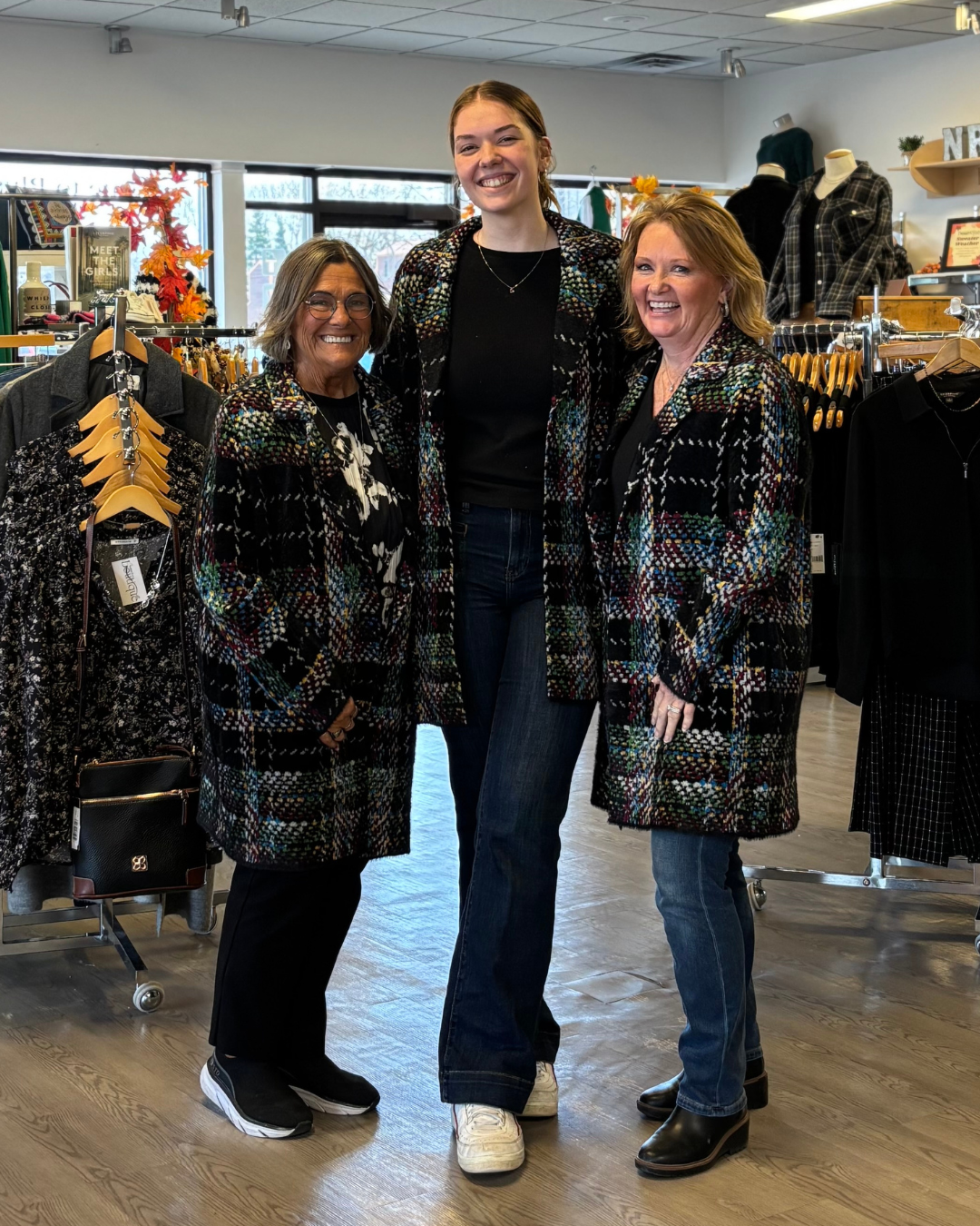 Liverpool Long Sleeve Collarless Open Front Sweater Coat (Black Multi Plaid)