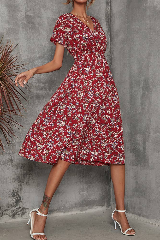 V Neck Smocked Waist Midi Floral Dress (Navy Floral)