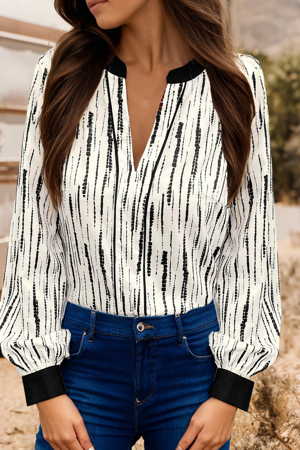 Abstract V-neck Long Sleeve Blouse