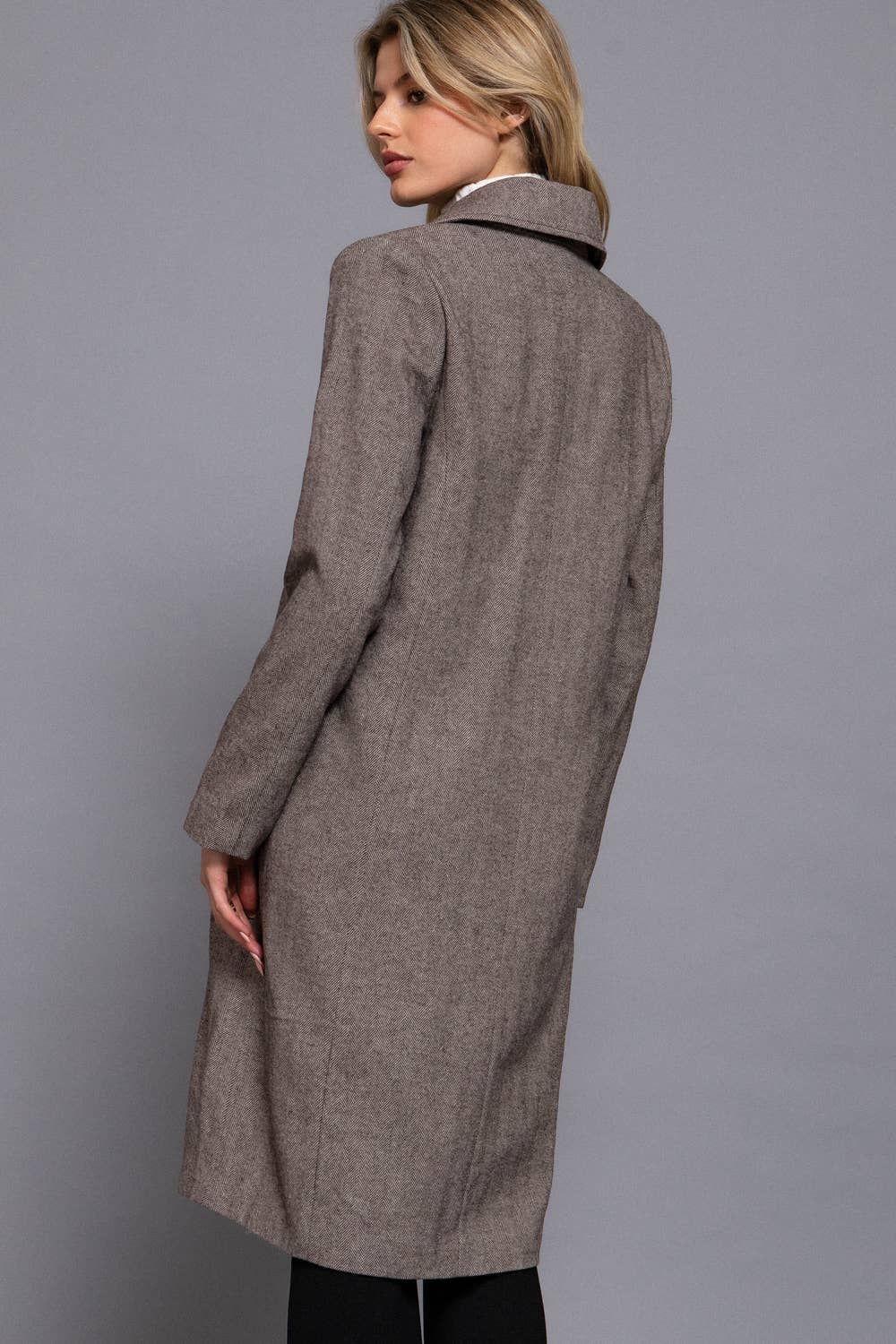 Herringbone Single Breasted Waist Fitted Long Coat