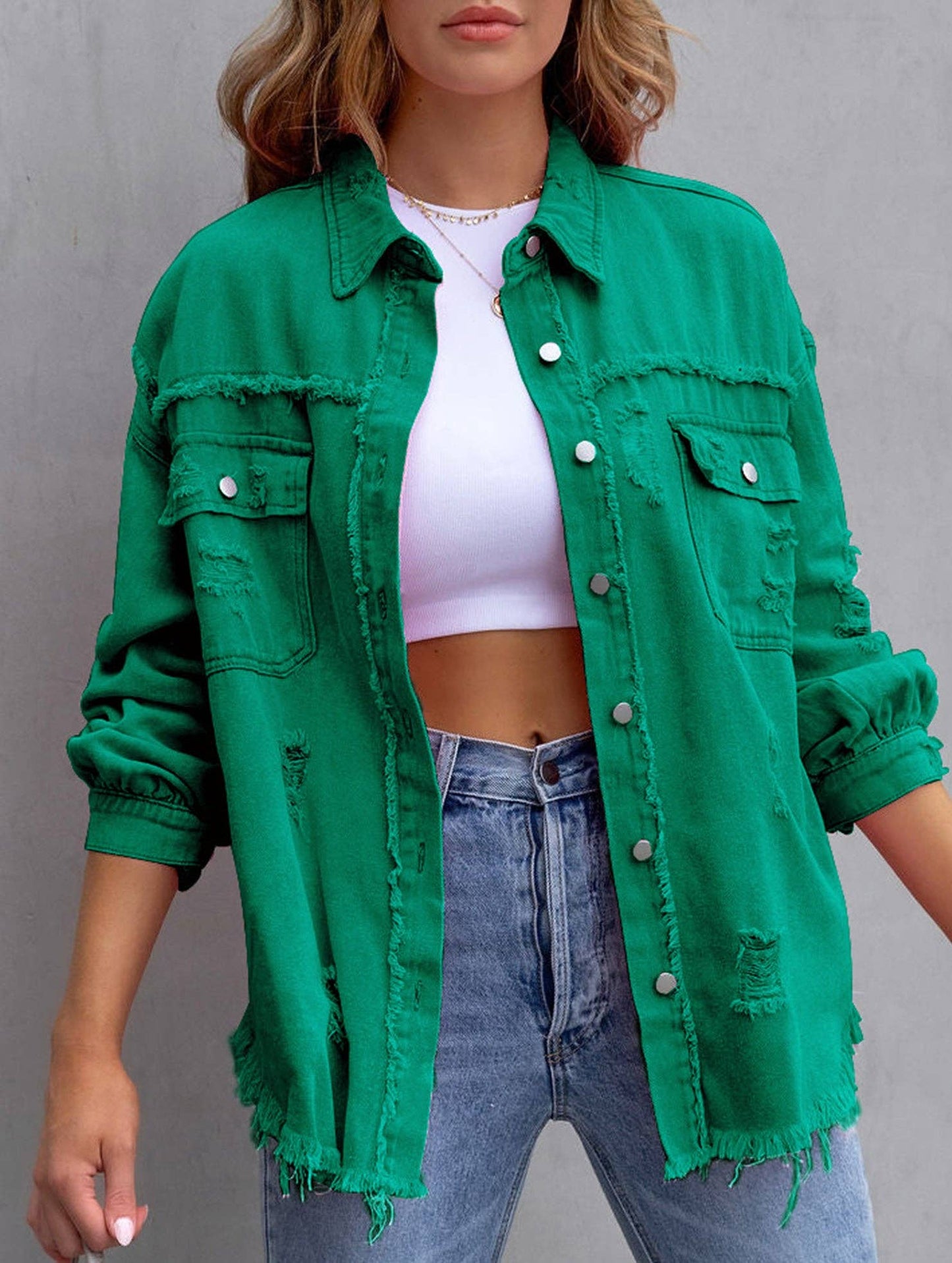 Denim Coat with Lapel and Ripped Raw Edge