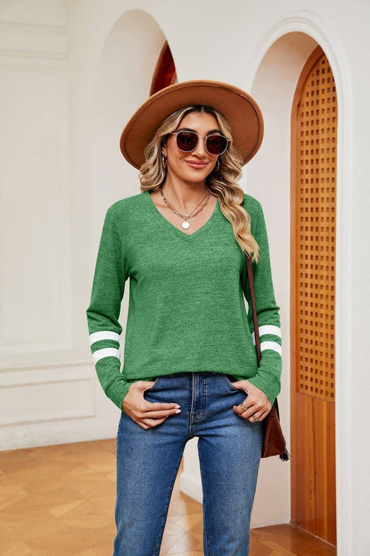 V-Neck Long Sleeved Contrast Color Top