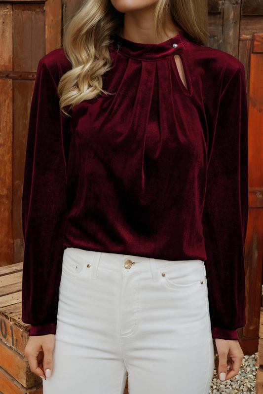 Asymmetric Button Keyhole Neck Long Sleeve Velvet Blouse