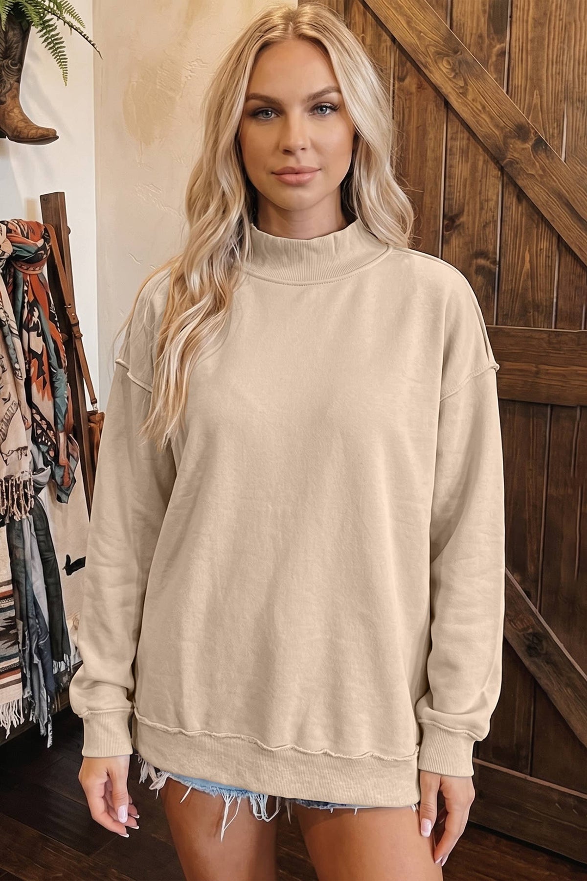 Oversize Drop Shoulder Reversible Mock Neck Sweatshirt (black)