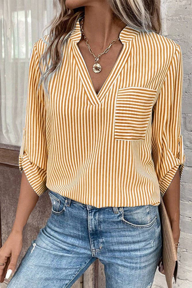 V Neck Stripes Long Fold Sleeves Blouse