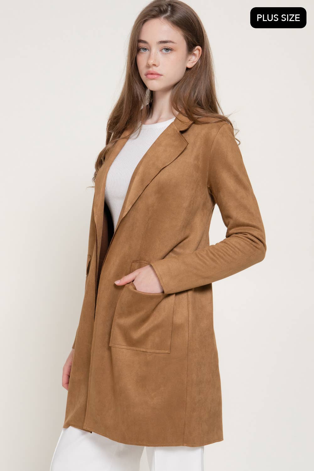 Long Sleeve Open Front Faux Suede Jacket (Plus Size)