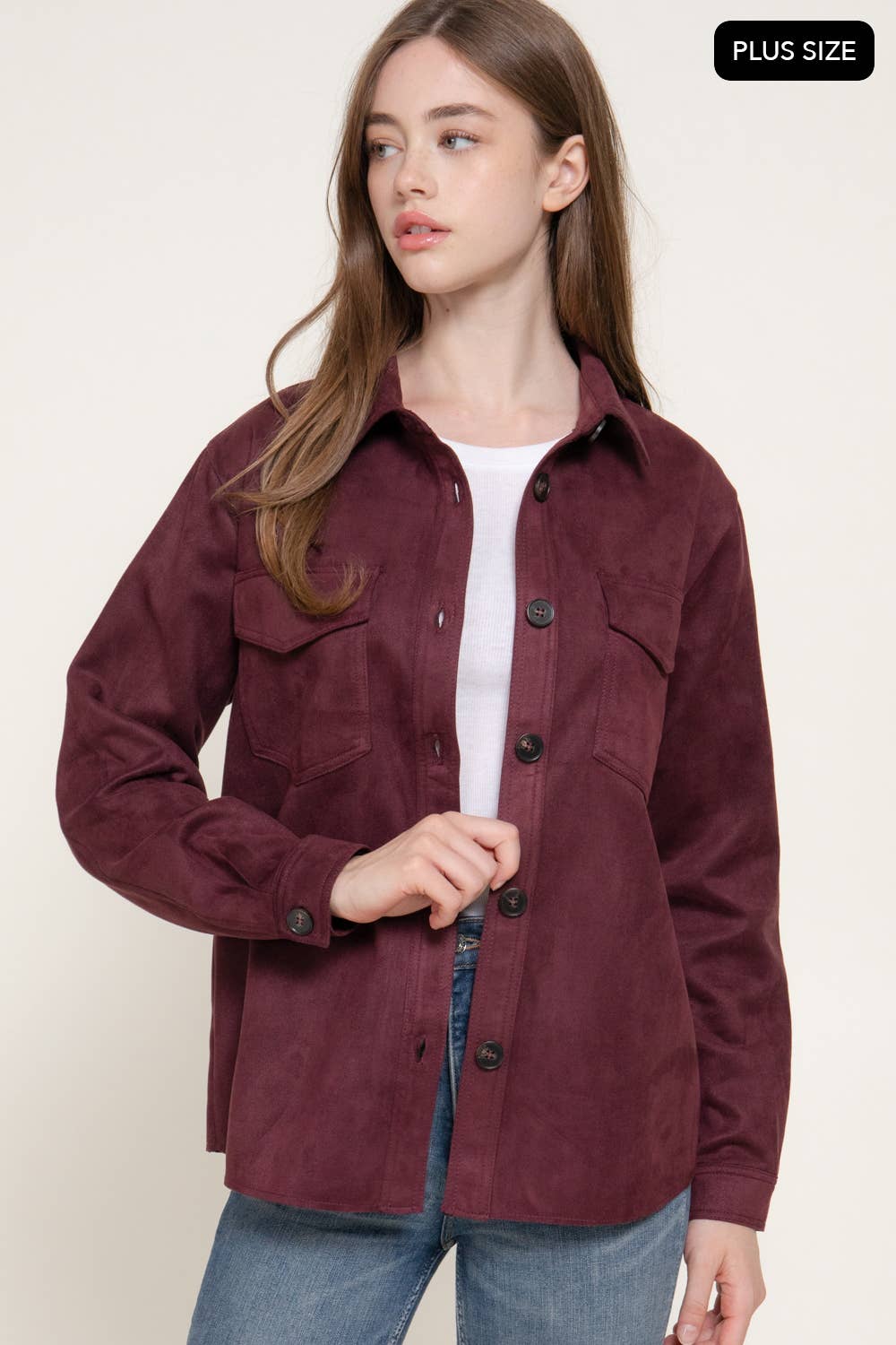 Long Sleeve Loose Fit Faux Suede Shacket (Plus Size)