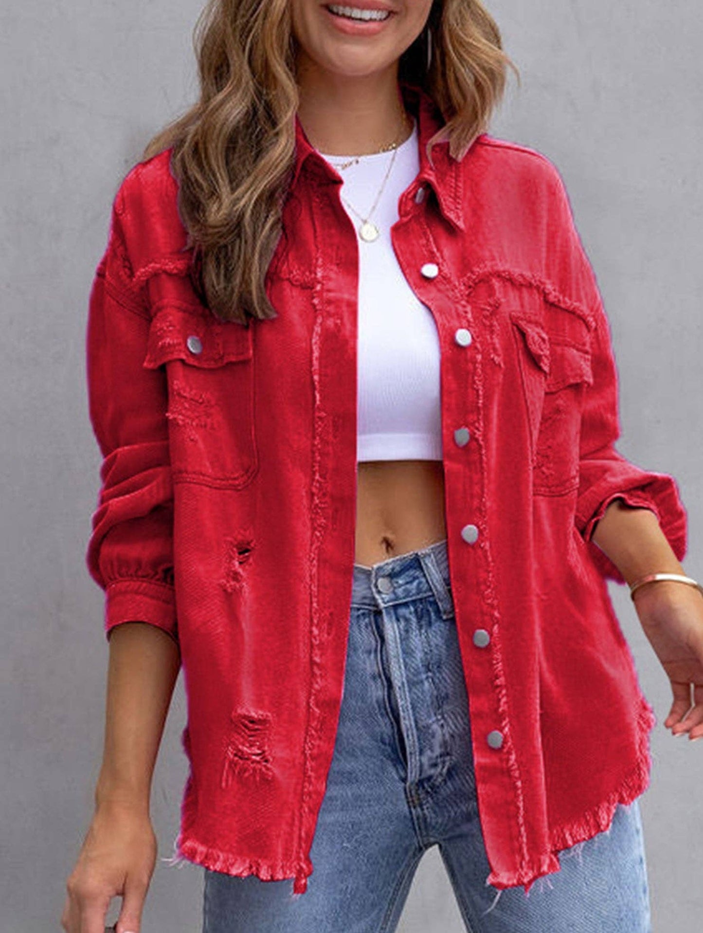 Denim Coat with Lapel and Ripped Raw Edge