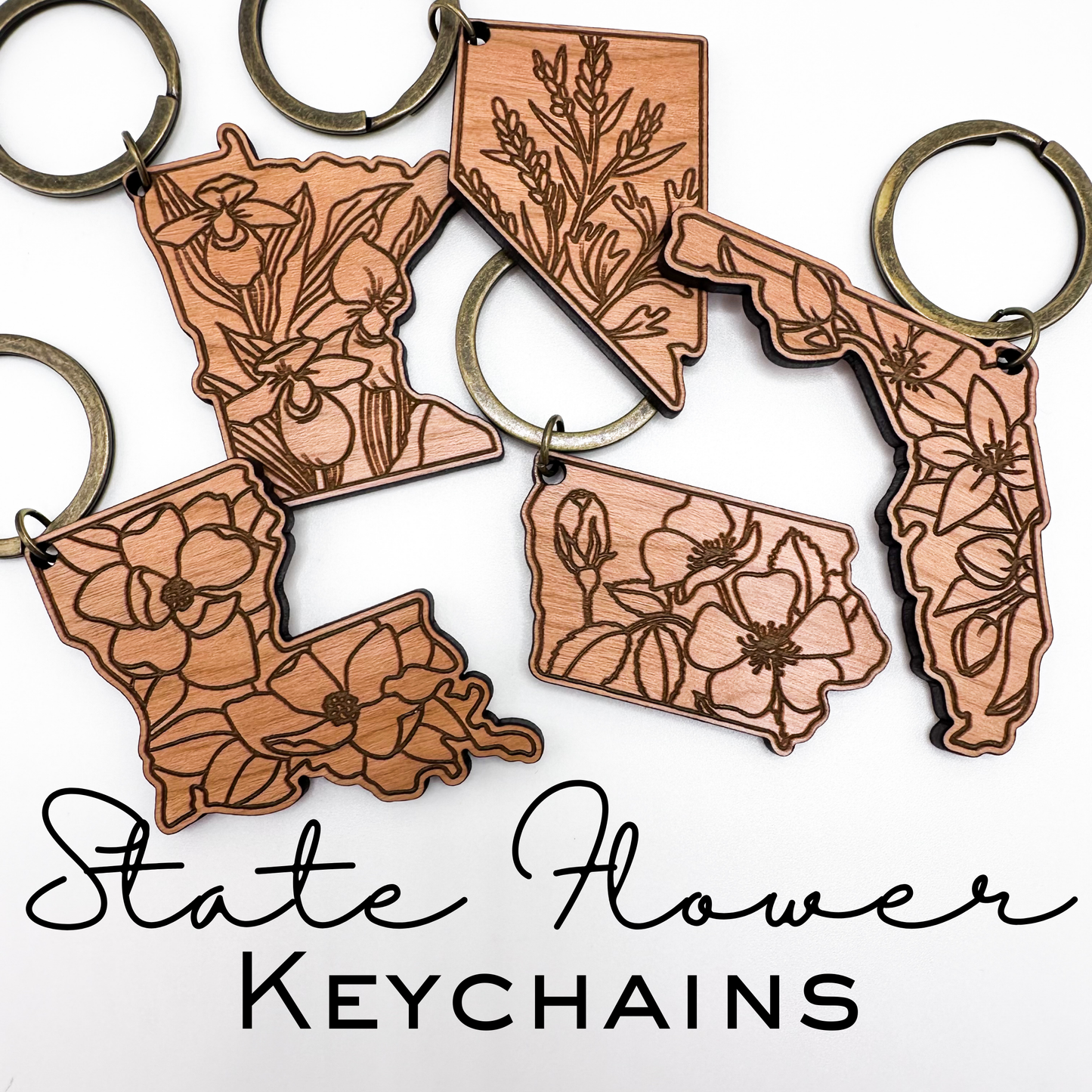 State Flower Keychains | Wood Engraved State Flower