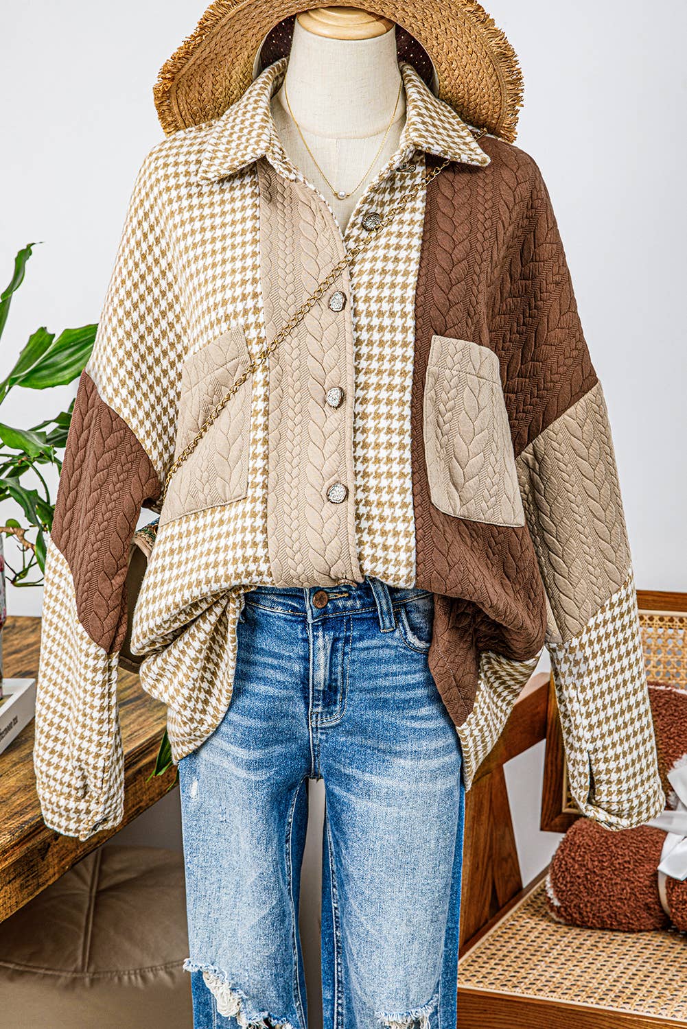 Houndstooth Contrast Texture Patchwork Loose Shacket