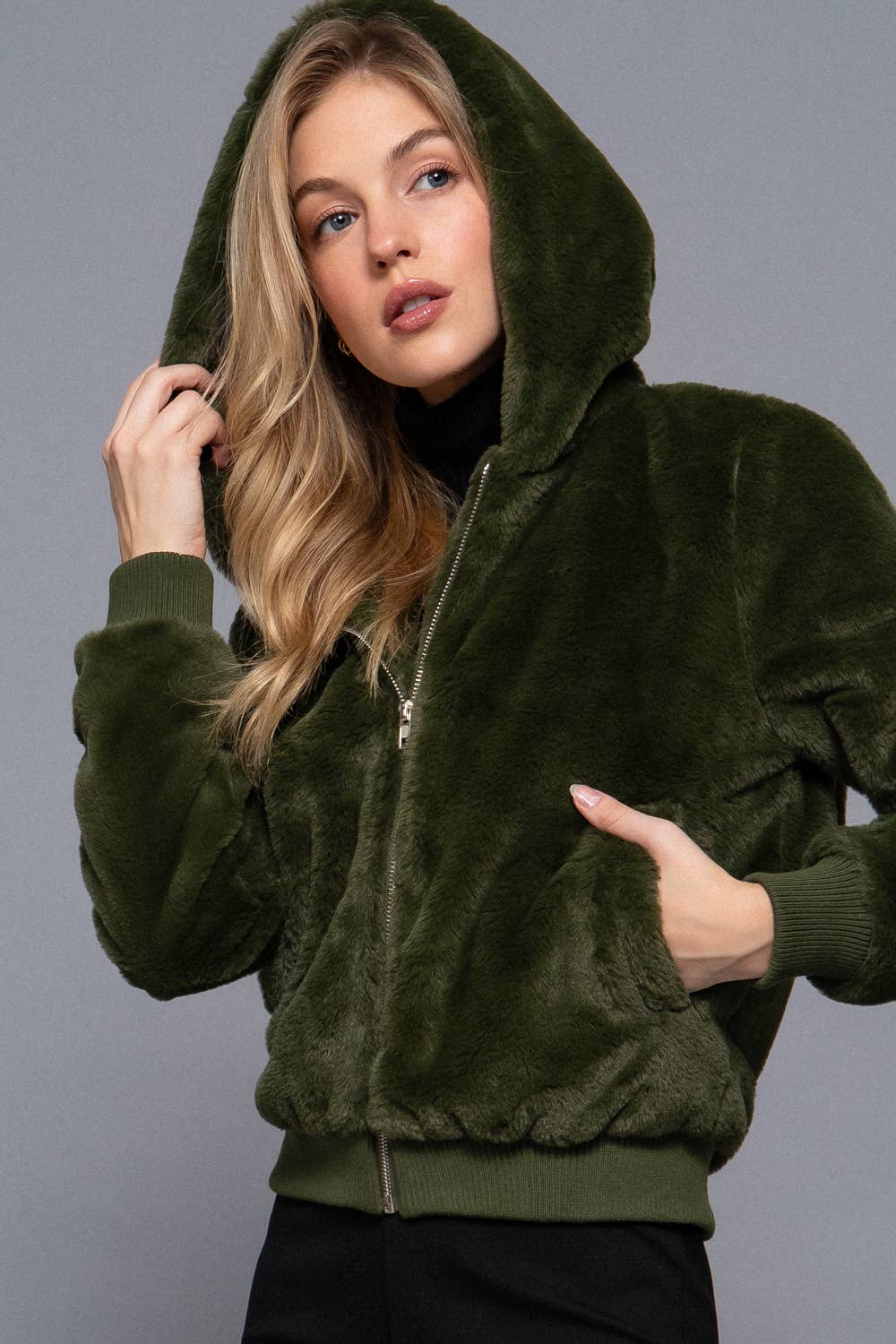 Long Sleeve Zip Up with Hoodie Faux Fur Jacket