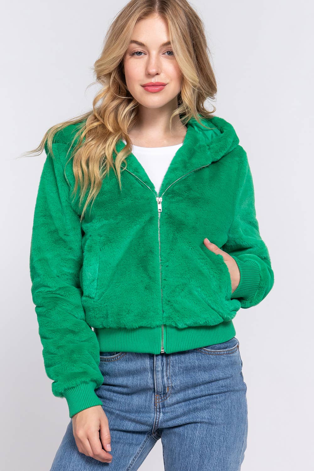 Long Sleeve Zip Up with Hoodie Faux Fur Jacket