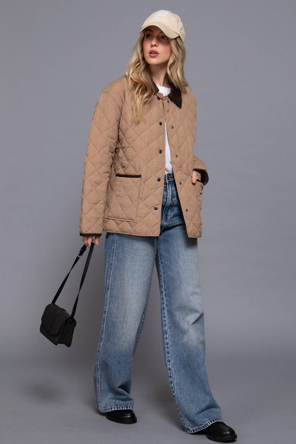 Long Sleeve Contrast Lapel Collar Quilted Puffer Work Jacket (red)