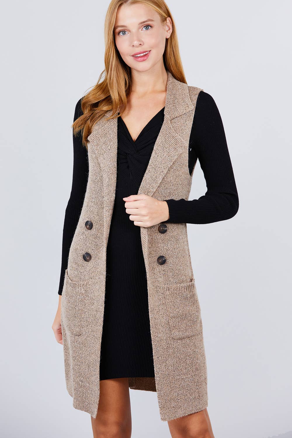 Sleeveless Notched Collar Long Sweater Vest