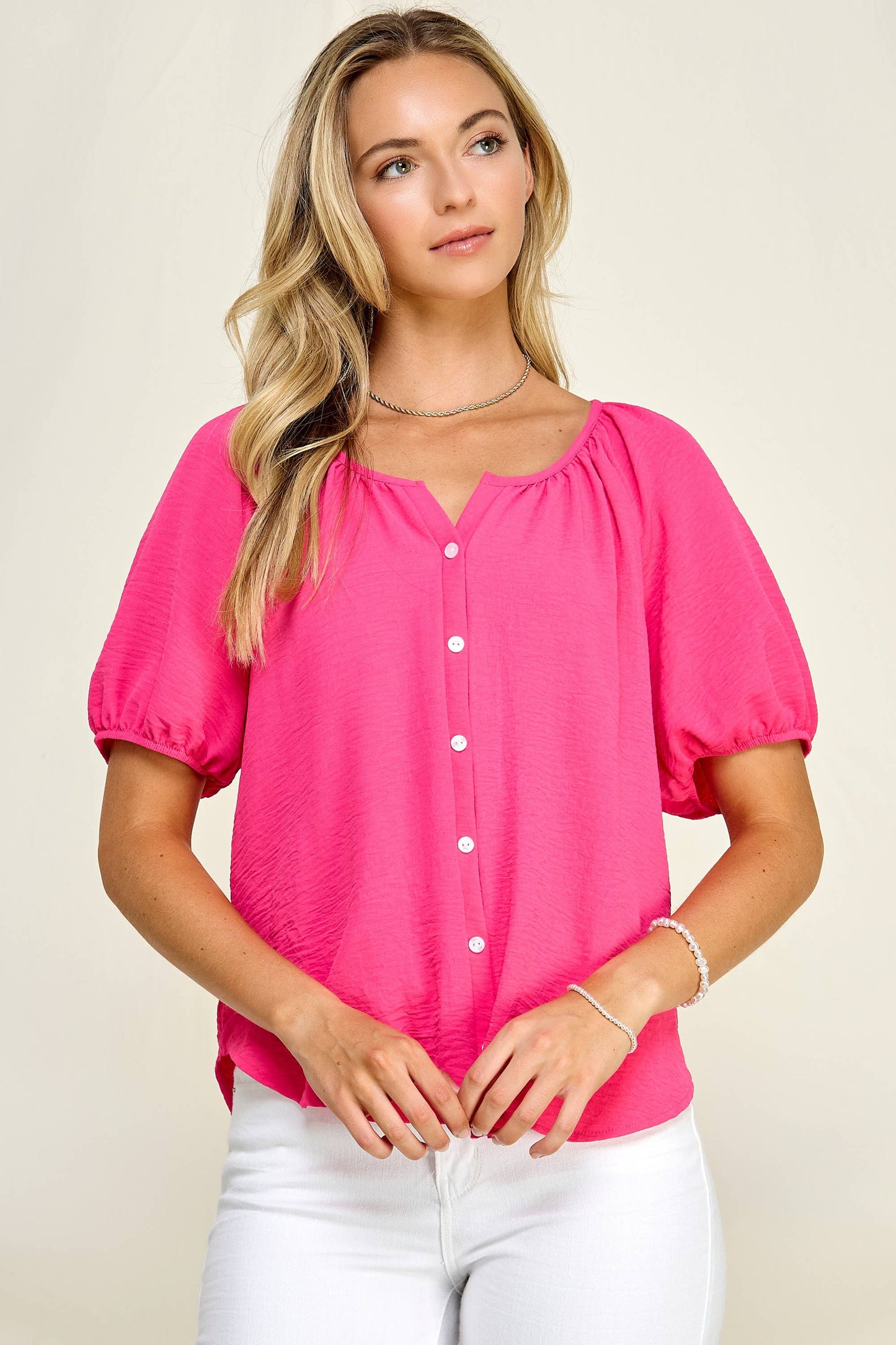 Plus Size Button Blouse with Puff Sleeves