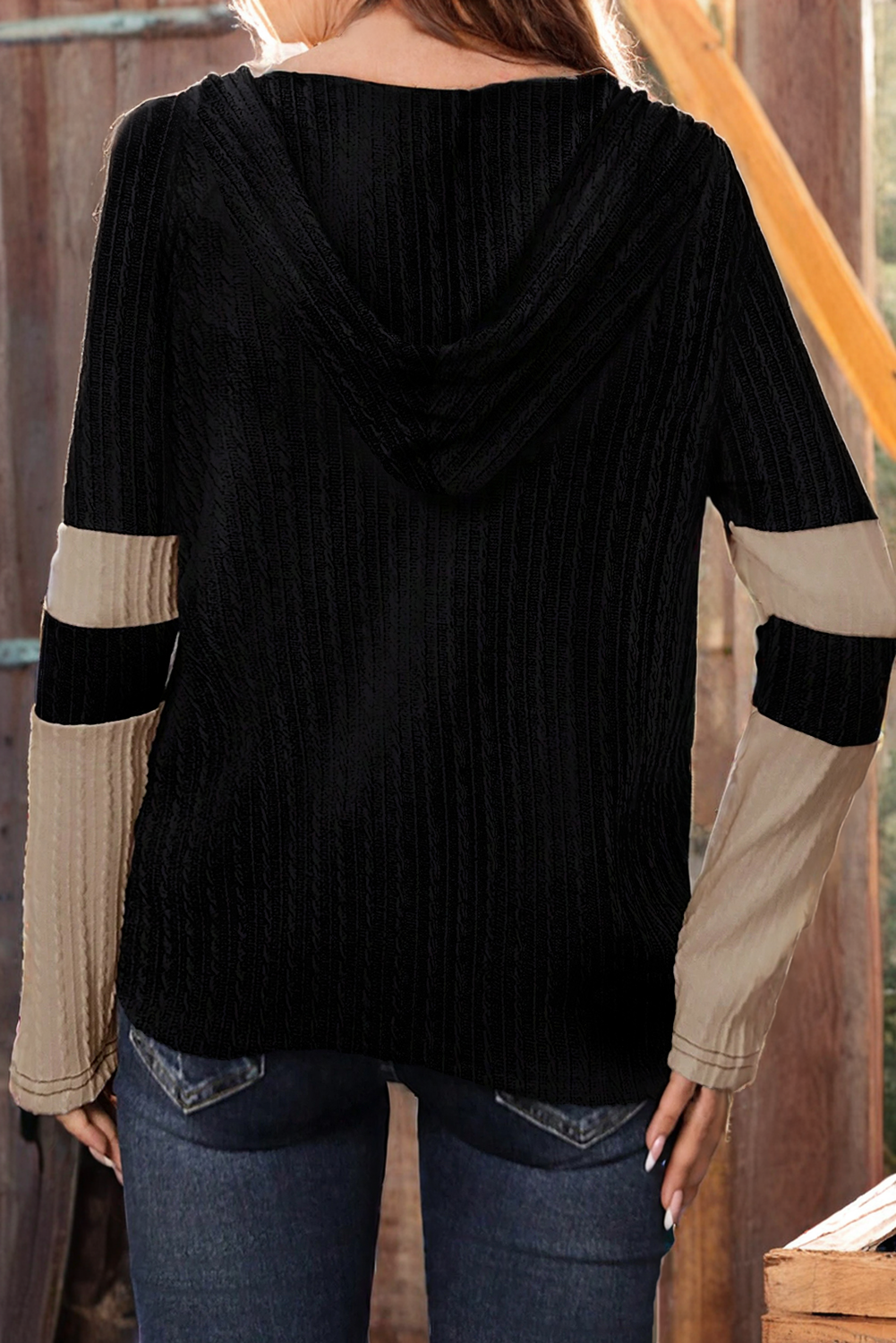 Textured Color Block Quarter Zip Drawstring Hooded Top