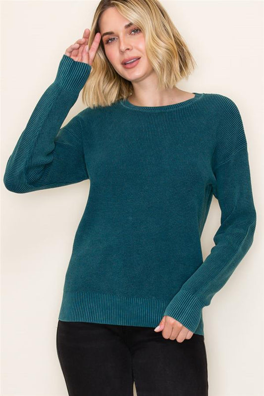 Crew Neck Long Sleeve Mini Waffle Pullover