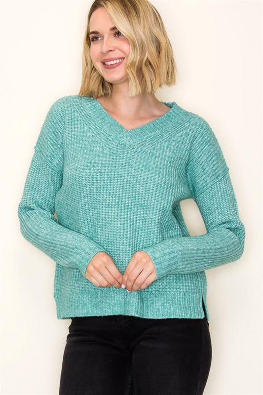 V Neck Super Soft Marled Pullover Sweater (light jade, grey, oatmeal)