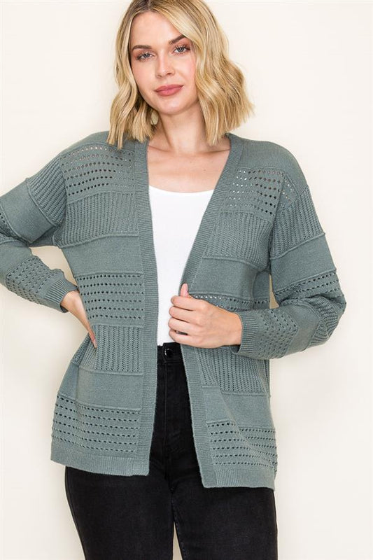 Rib Trimmed Long Sleeve Open Front Pointelle Sweater Cardigan