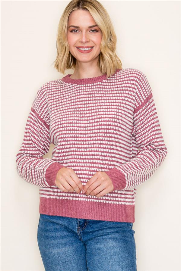 Two Tone Waffle Striped Pullover Sweater