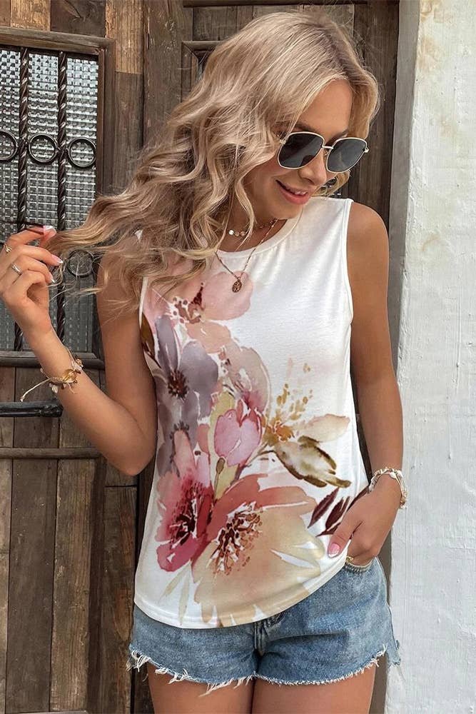 Painted Floral Print Tank Top (pink & brick)