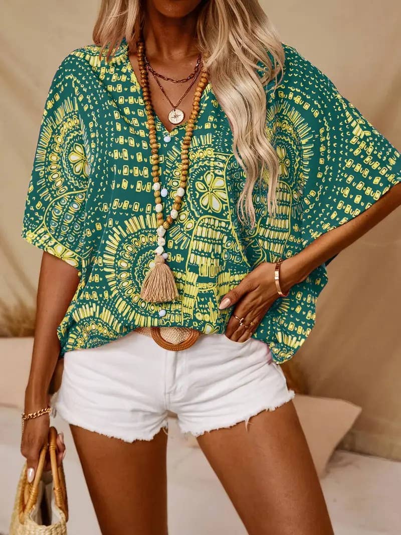 V-neck printed resort-style bat sleeved top