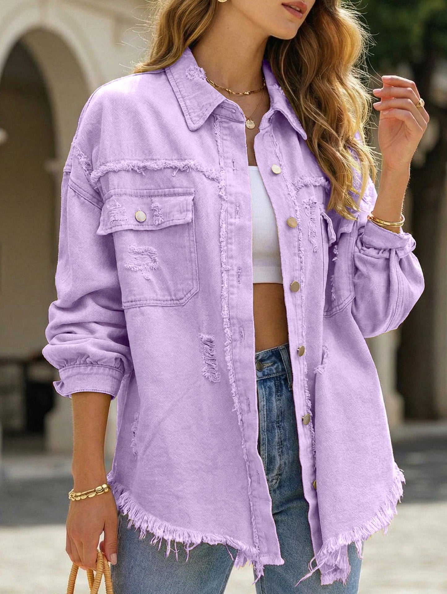 Denim Coat with Lapel and Ripped Raw Edge