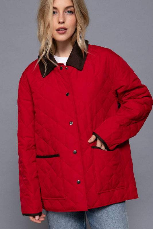 Long Sleeve Contrast Lapel Collar Quilted Puffer Work Jacket (red)