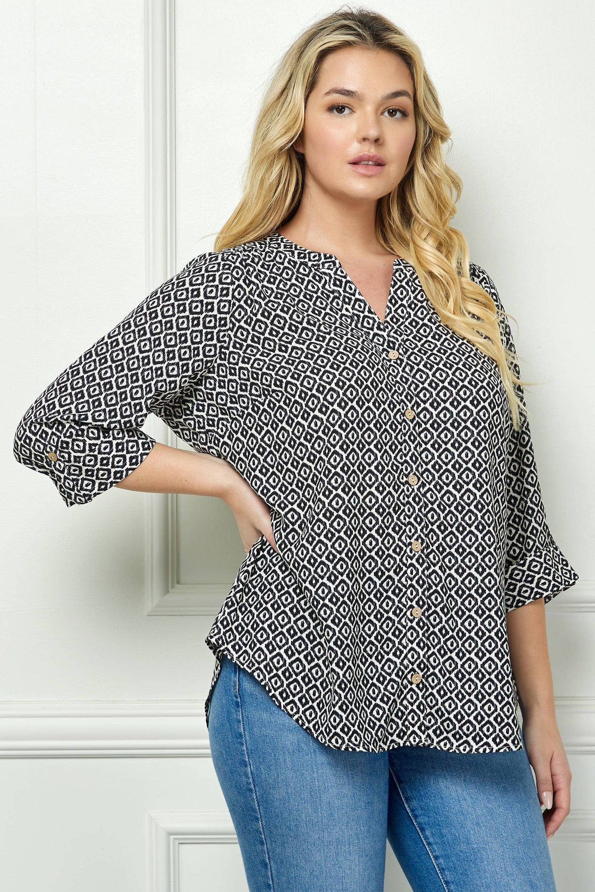 Mandarin Collar Plaket Blouse (Plus Size)