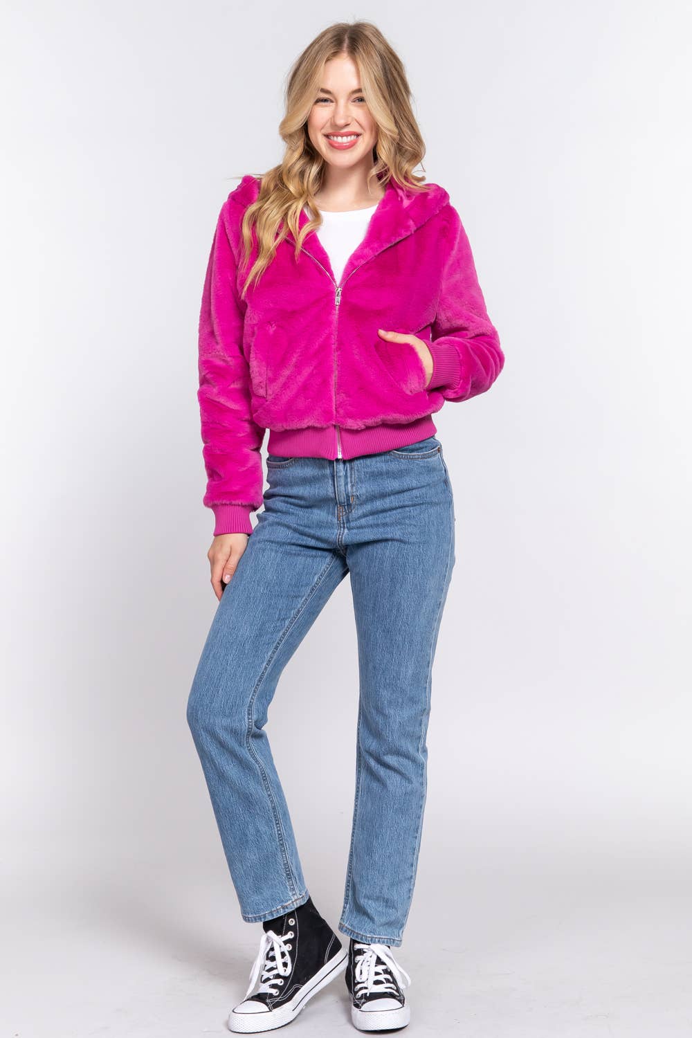 Long Sleeve Zip Up with Hoodie Faux Fur Jacket