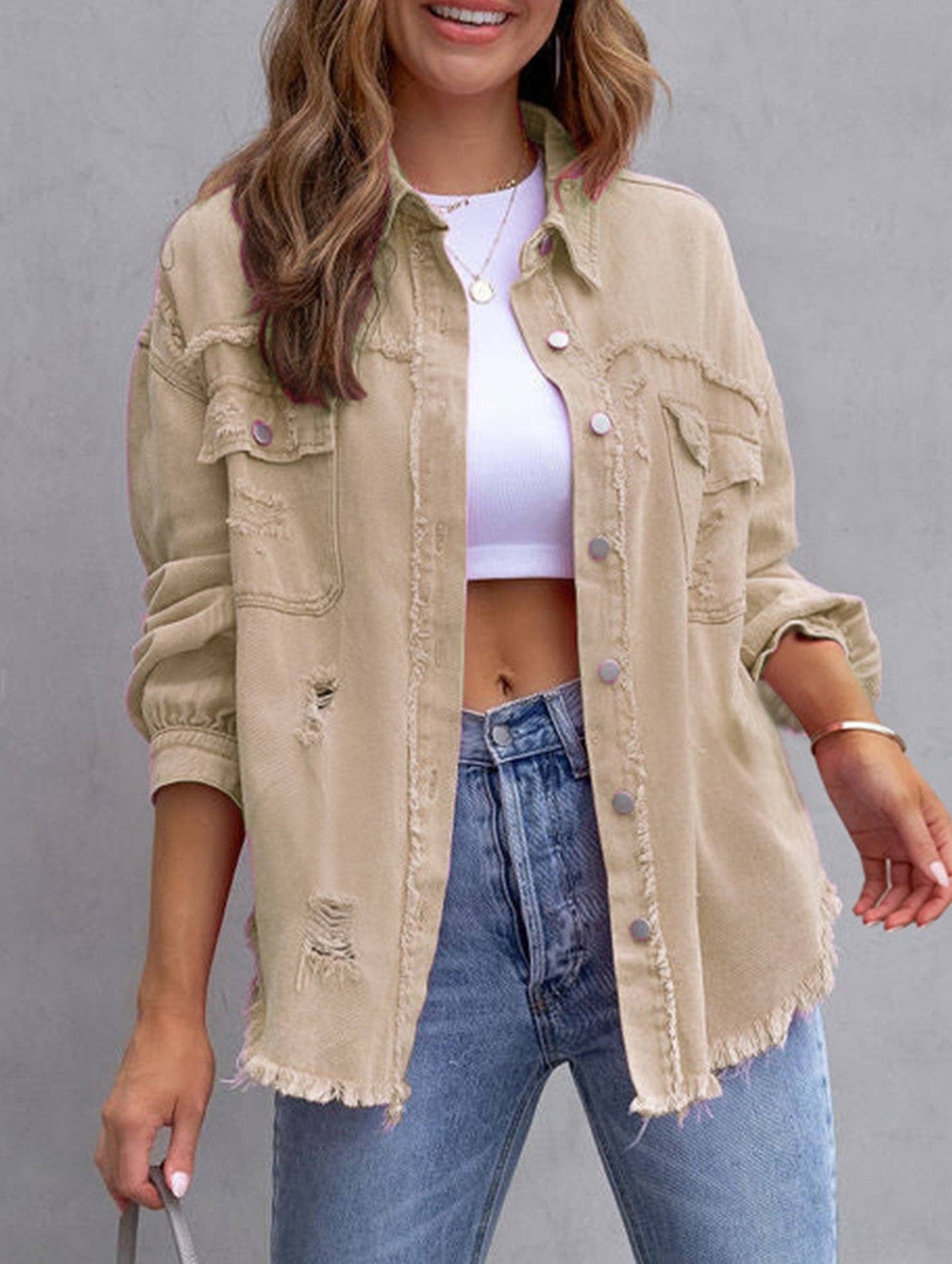 Denim Coat with Lapel and Ripped Raw Edge