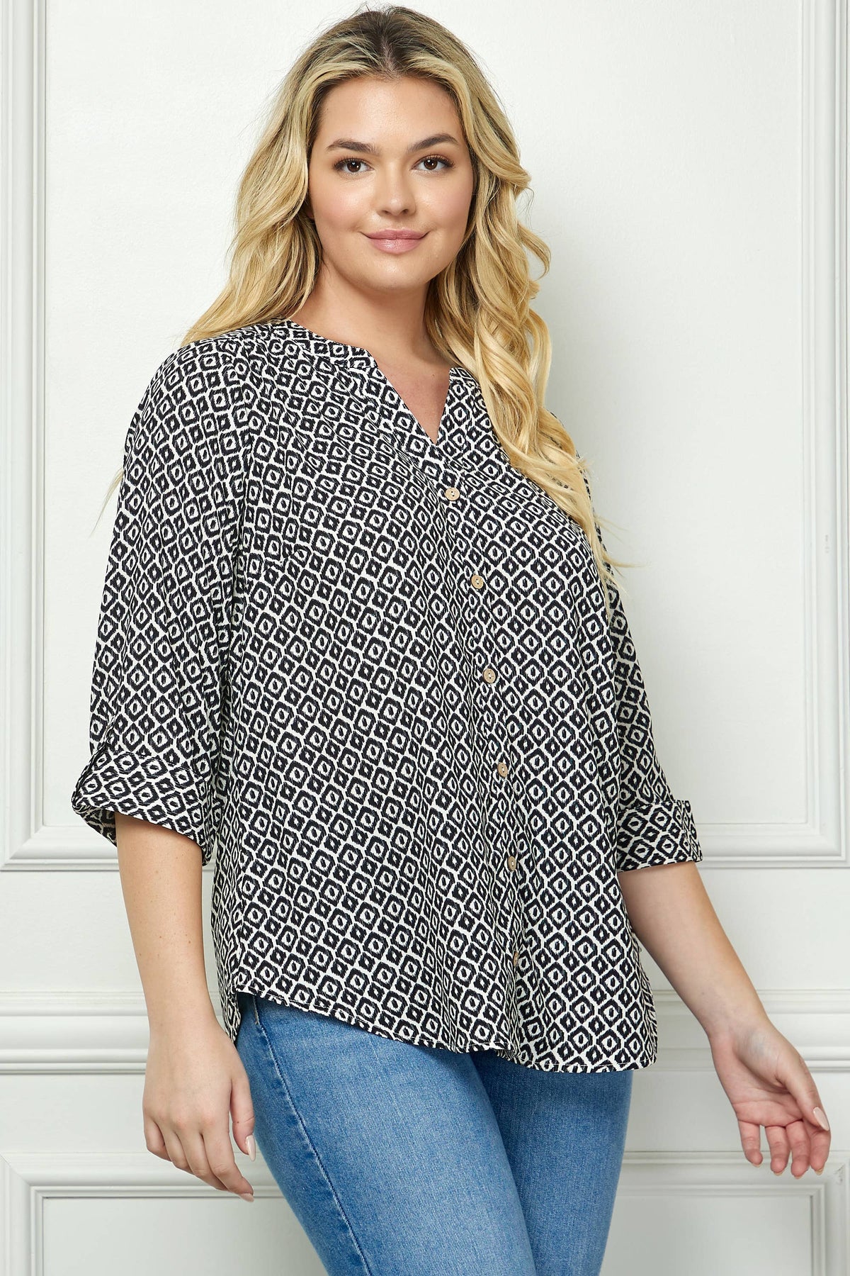 Mandarin Collar Plaket Blouse (Plus Size)