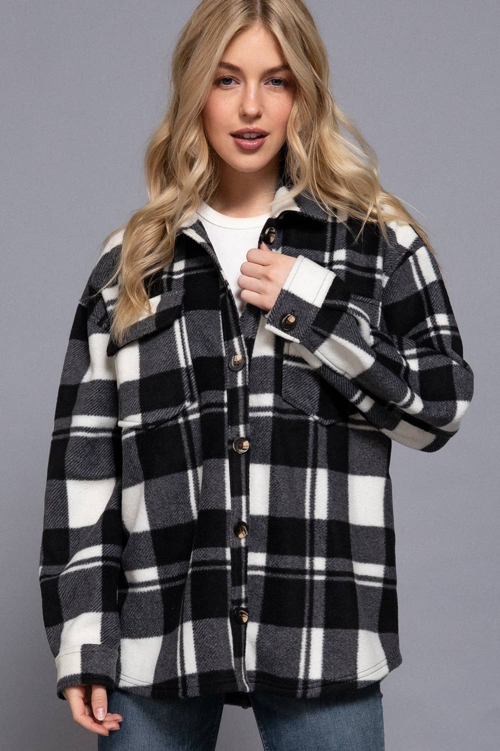 Long Sleeve Check Printed Fleece Shacket (Taupe)