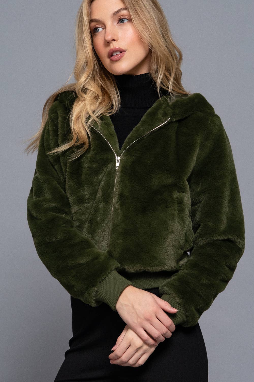 Long Sleeve Zip Up with Hoodie Faux Fur Jacket