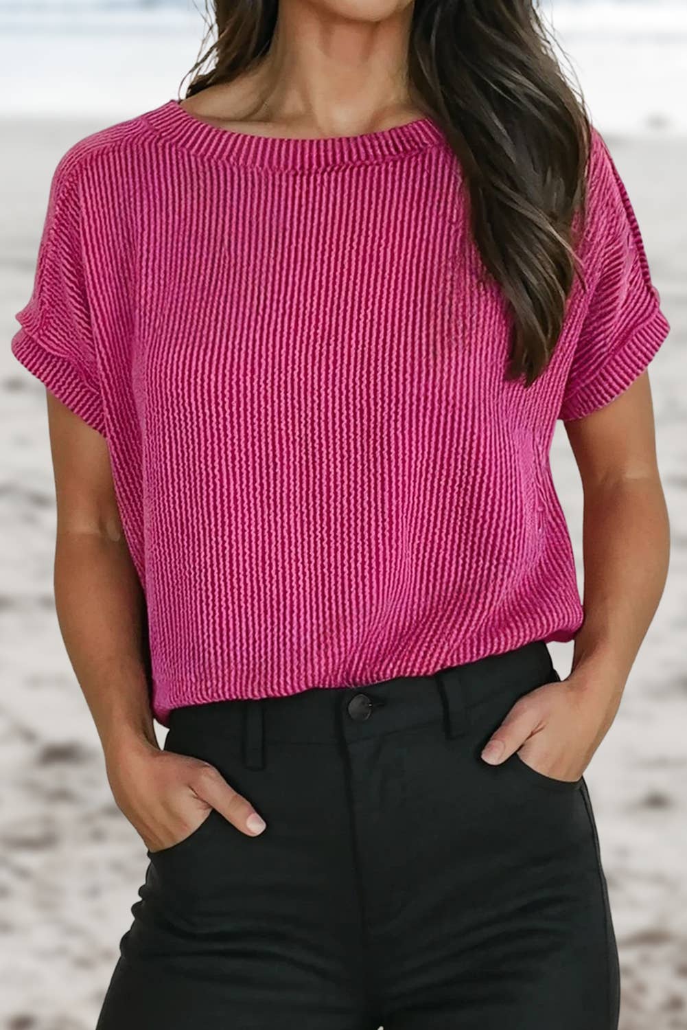 Solid Textured Exposed Seam Casual T-shirt