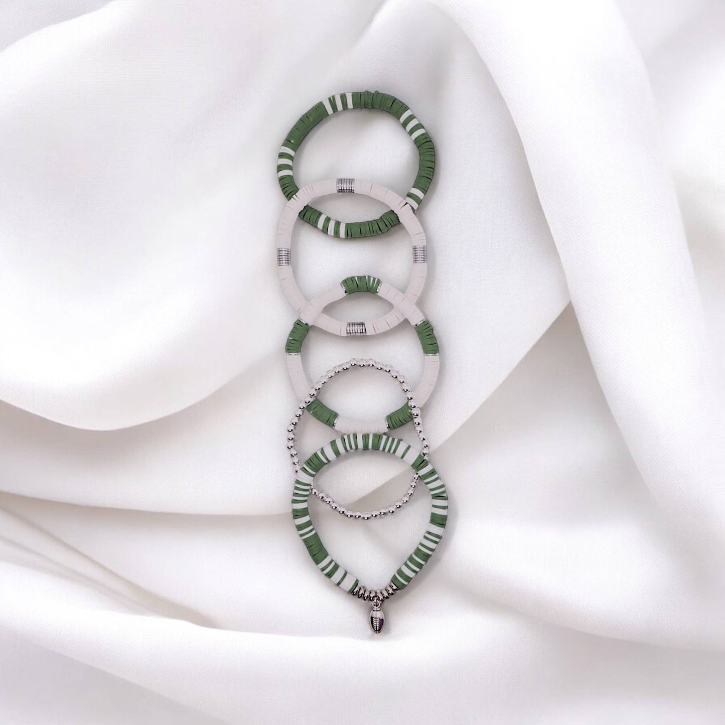 Green and White Game Day Bracelet Stack: Silver (7 inch)