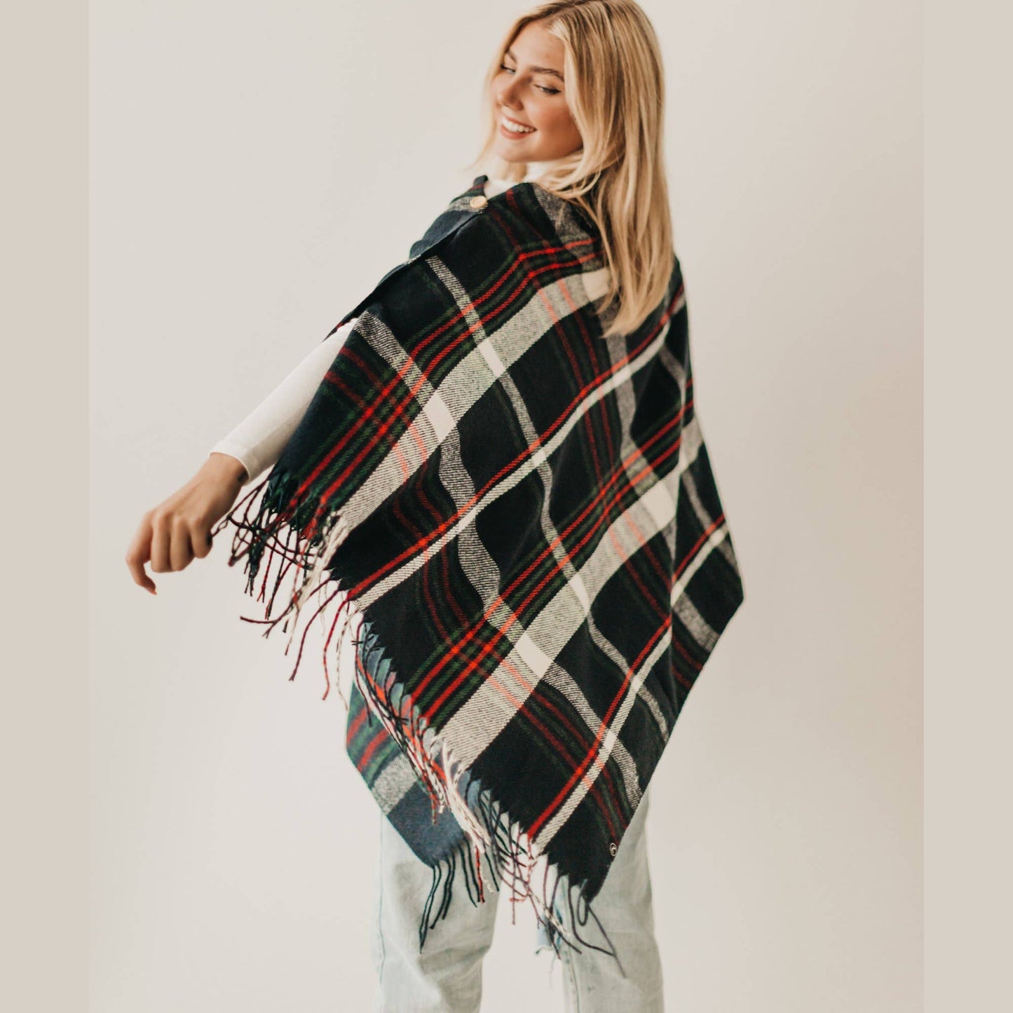 Button Plaid Shawl & Scarf Combo (Navy and Gray)