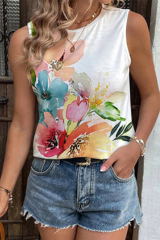 Painted Floral Print Tank Top (pink & brick)