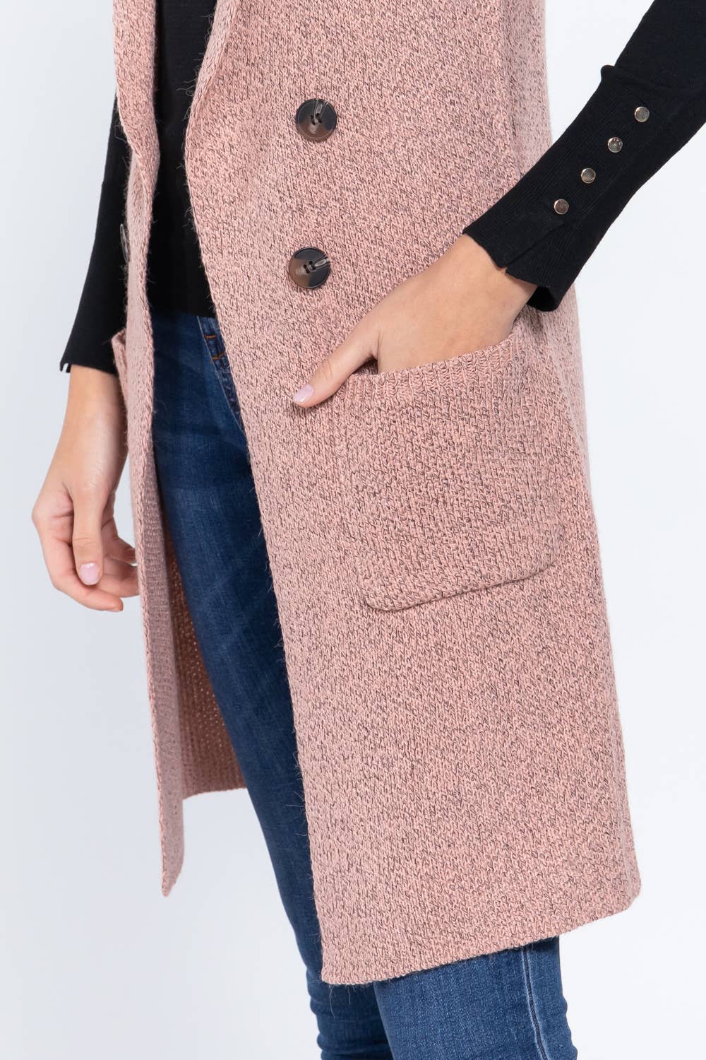 Sleeveless Notched Collar Long Sweater Vest