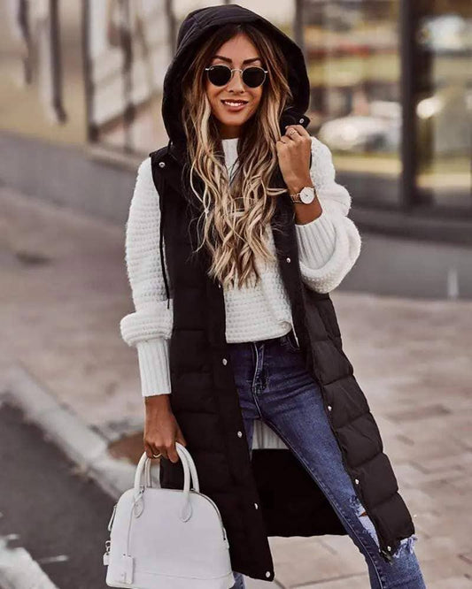 Pocket Button Design Hooded Puffer Vest Jacket
