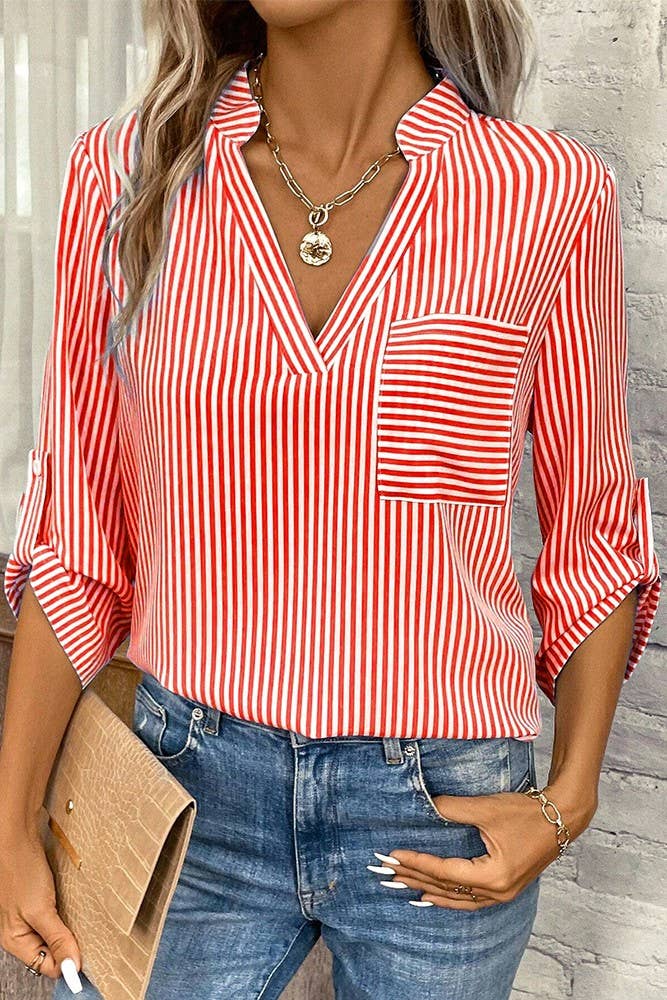 V Neck Stripes Long Fold Sleeves Blouse