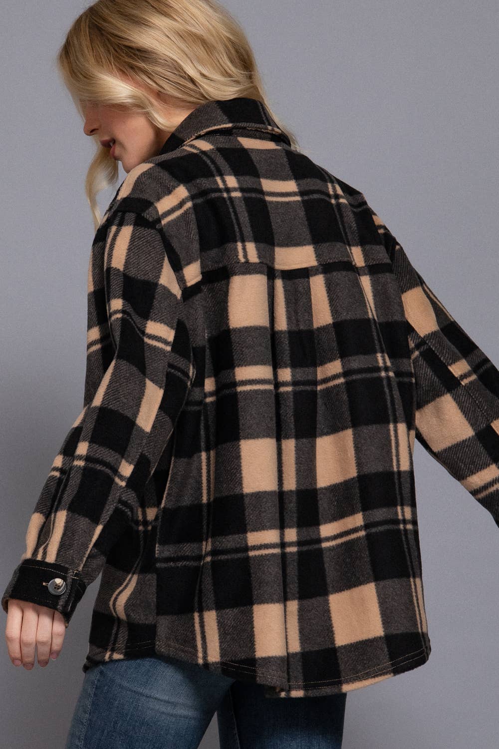 Long Sleeve Check Printed Fleece Shacket (Taupe)