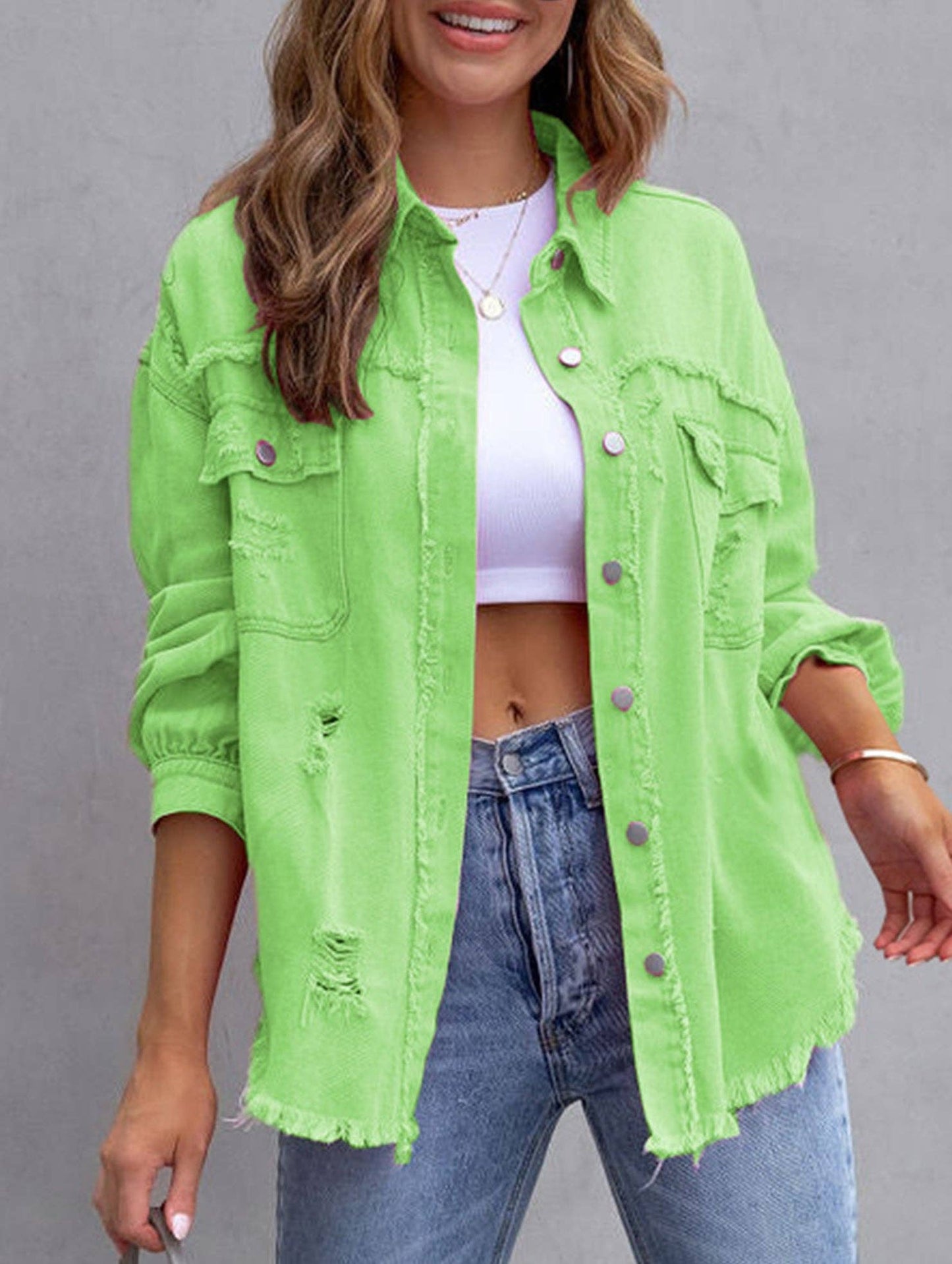Denim Coat with Lapel and Ripped Raw Edge