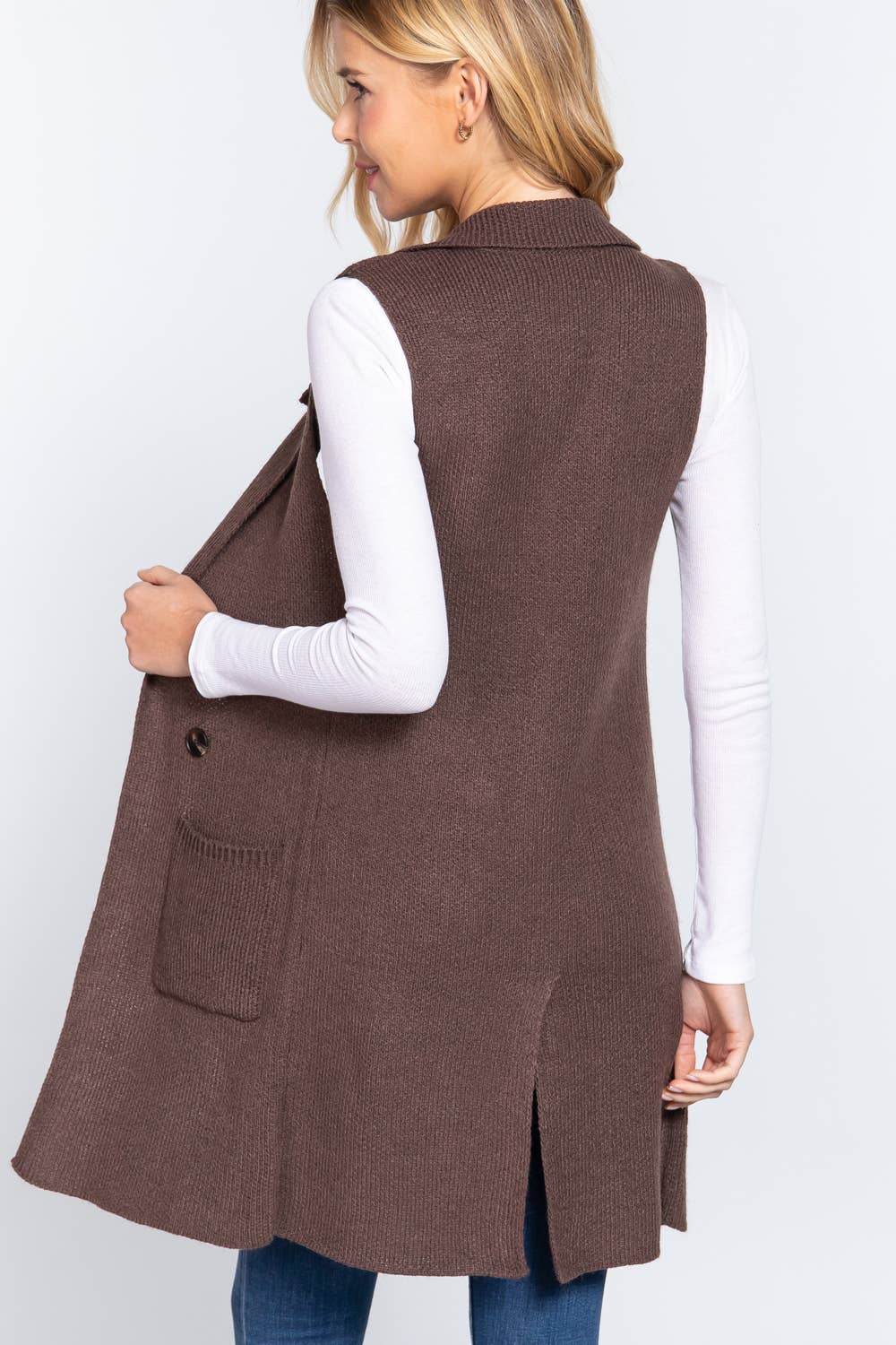 Sleeveless Notched Collar Long Sweater Vest